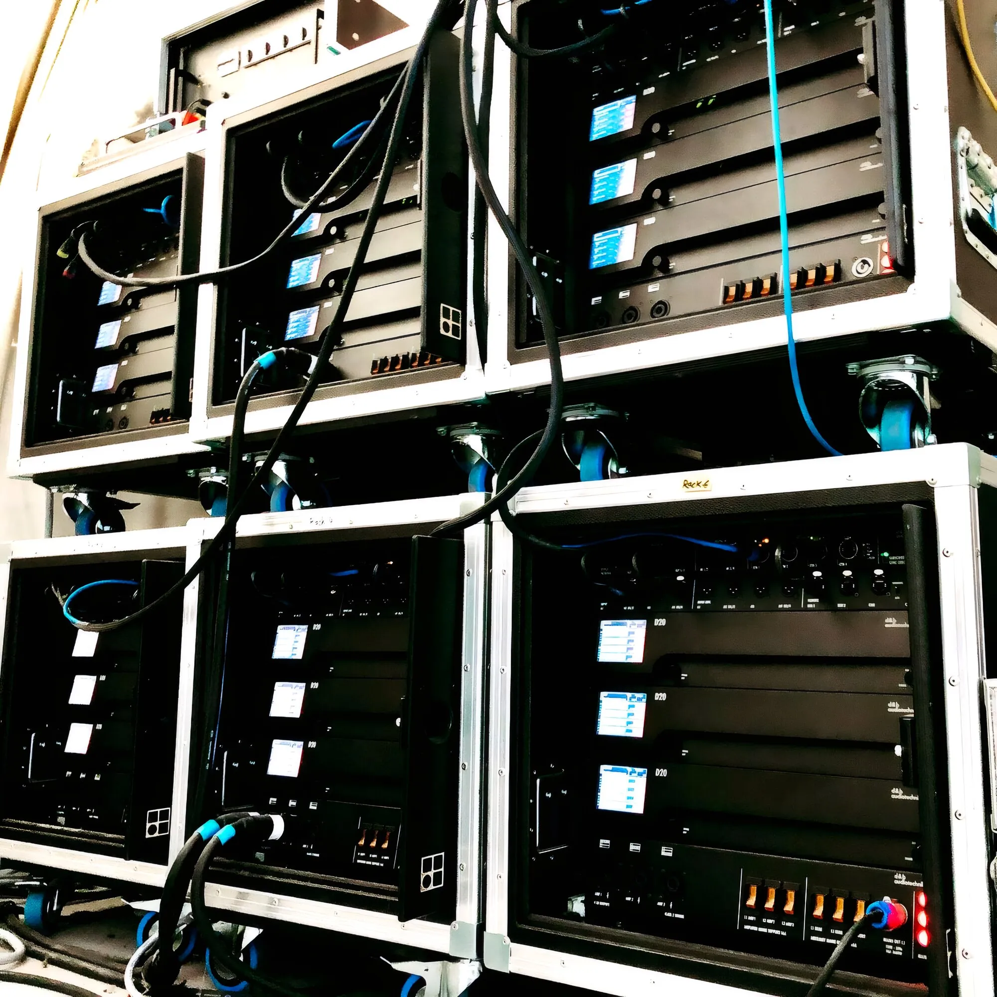 Gestapelte Technikracks mit Endstufen und Netzwerktechnik